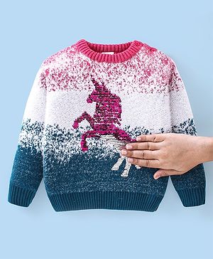 Babyhug Knit Full Sleeves Pullover Sweater Unicorn Design - Pink & Blue