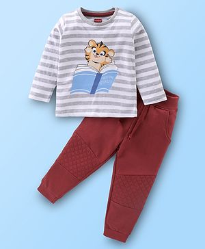 Babyhug Single Jersey Full Sleeves Striped T-Shirt & Lounge Pant Set Cub Print - Grey & Maroon Wine