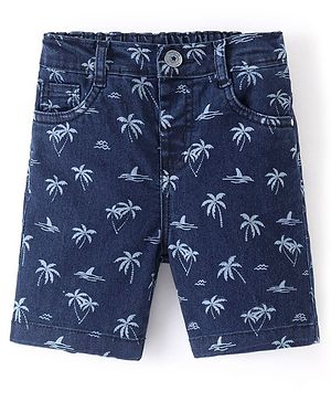 Babyhug Cotton Above Knee Length Bermuda With Stretch Tree Print- Blue