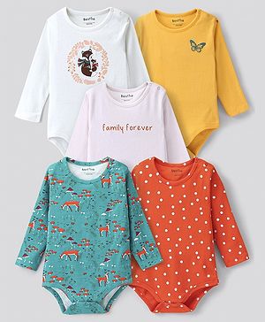 Bonfino 100% Cotton Knit Full Sleeves Printed Onesies Pack of 5 - Multicolor