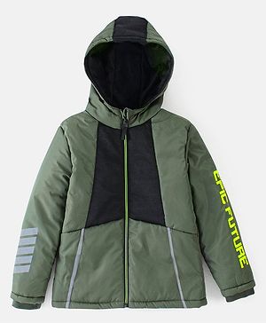 Primo Gino Full Sleeves Color Blocked Quilted Jacket Text Print - Olive Green