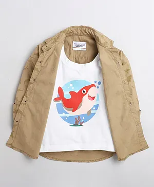 Polka Tots Sea Life Theme Full Sleeves All Over Shark Printed Shirt With Attached Tee - Brown