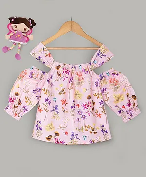 Hugsntugs Cold Shoulder Puffed Sleeves Floral Printed Top - Pink