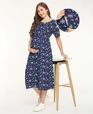 Bella Mama 100% Viscose Woven Half Sleeves Maternity Dress With Pocket Floral Print- Blue