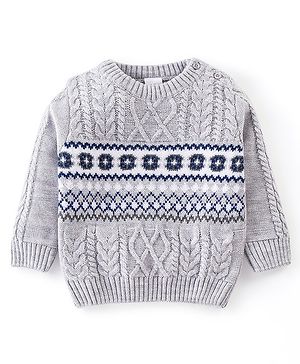 Babyhug Knit Full Sleeves Cable Knit  Sweater With Design - Grey