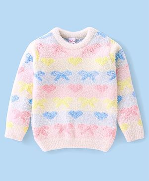 Babyhug Full Sleeves Sweater Heart & Bow Design- White Pink & Blue
