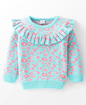 Babyhug Knit Full Sleeves Pullover Sweater Floral Design - White & Blue
