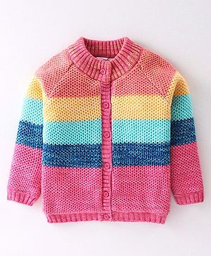 Babyhug Full Sleeves Front Open Solid Colour Stripes  Sweaters - Multicolour