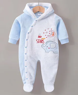 Kookie Kids Full Sleeves Winter Wear Romper Text & Elephant Embroidery - White & Blue