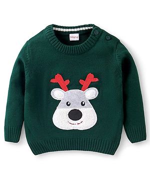 Babyhug Full Sleeves Pullover Style Sweater Reindeer Patch - Green