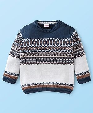 Babyhug Full Sleeves Intarsia Design Sweater - Grey & Navy Blue