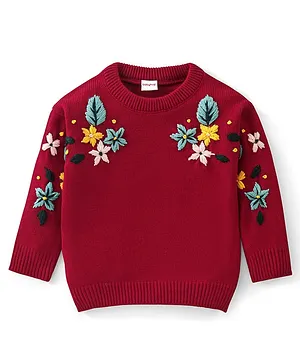 Babyhug Acrylic Knit Full Sleeves Sweater with Floral Embroidery - Red