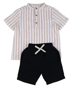 Biglilpeople Half Sleeves Awning Striped Summer Shirt & Shorts Set - Beige & Navy Blue
