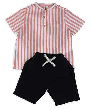 Biglilpeople Half Sleeves Awning Striped Summer Shirt & Shorts Set - Orange & Navy Blue