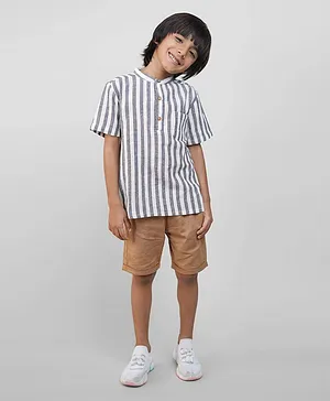 Biglilpeople Half Sleeves Awning Striped Summer Shirt & Shorts Set - Grey & Brown