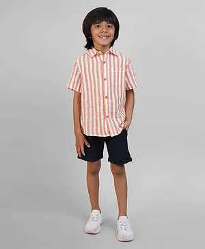 Biglilpeople Linen Half Sleeves Awning Striped Summer Shirt & Shorts Set - Orange & Navy Blue