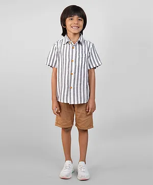 Biglilpeople Linen Half Sleeves Awning Striped Summer Shirt & Shorts Set - Grey & Brown