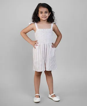 Biglilpeople Sleeveless Smocked Bodice Detailed Awing Striped Handwoven Jumpsuit With Shoulder Tie Up - Beige