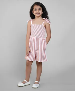 Biglilpeople Sleeveless Smocked Bodice Detailed Awing Striped Handwoven Jumpsuit With Shoulder Tie Up - Orange