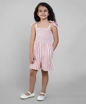 Biglilpeople Sleeveless Smocked Bodice Detailed Awing Striped Handwoven Jumpsuit With Shoulder Tie Up - Orange