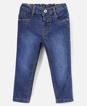 Babyhug Cotton Full Length Stretchable Denim Jeans with Mock Fly open detail Solid Colour  With Mock Fly  -Mid  Blue