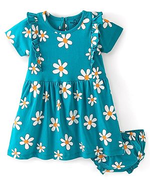 Doodle Poodle 100% Cotton Half Sleeves Frock With Bloomer Floral Print- Blue