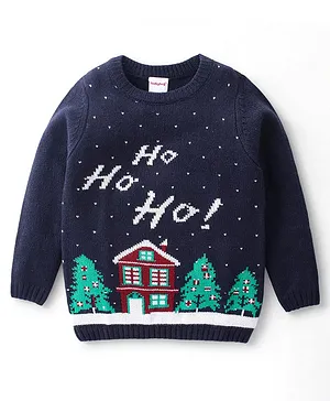 Babyhug Acrylic Full Sleeves Sweater Christmas Design- Navy Blue
