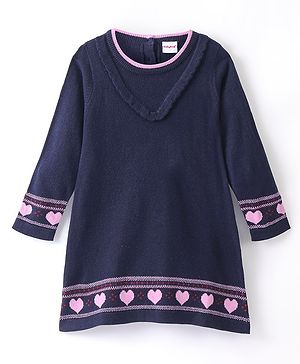 Babyhug Knit Full Sleeves Woollen Dress With Heart Design - Purple