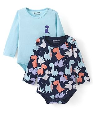 Bonfino 100% Cotton Full Sleeves Onesies with Dino Print Pack of 2 - Sky & Navy Blue