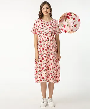 Bella Mama Viscose Half Sleeves Maternity Dress With Pocket Floral Print- Pink