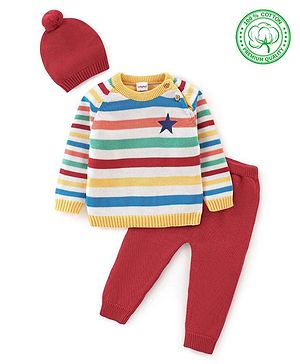 Babyhug Knit Full Sleeves Sweater Set Striped - Red