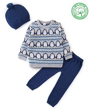 Babyhug Organic Cotton Full Sleeves Sweater Set with Cap Penguin Design - Grey & Navy