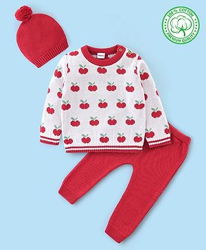 Babyhug Organic Cotton Full Sleeves Sweater Set with Cap Cherry Design - Off White & Red Babyhug Organic Cotton Full Sleeves Sweater Set with Cap Cherry Design - Off White & Red