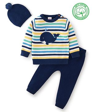 Babyhug Organic Cotton Full Sleeves Sweater Set with Cap Whale Embroidery Striped Design - Multicolour