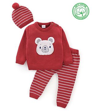 Babyhug Knit Full Sleeves Sweater Set Teddy Embroidery - Red
