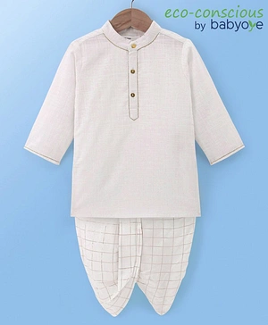 Babyoye Cotton Full Sleeves Solid Kurta & Checked Dhoti Set- White