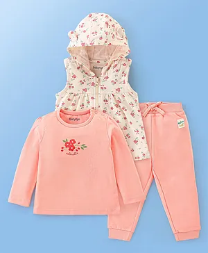 Babyoye Eco-Conscious Cotton Knit Full Sleeves T-Shirt & Lounge Pant Set with Jacket Floral Print - Pink & White