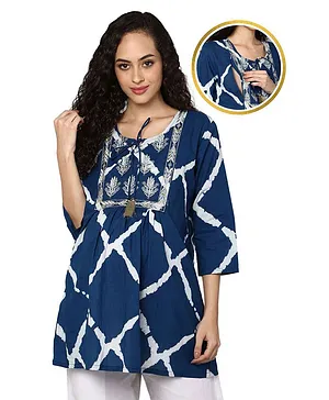 Zelena Three Fourth Sleeves Leaf Motif Placement Embroidered & Tie Dye Frill Detailed Nursing Tops - Blue