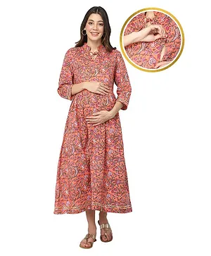 Zelena 100% Cotton Three Fourth Sleeves Jaipuri Printed Easy Breast Feeding Maternity Dress With Side Zip Opening - Peach