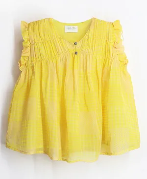 Cherry Crumble By Nitt Hyman Frill Sleeves  Candy Striped Self Design Button Closure Top - Mustard Yellow