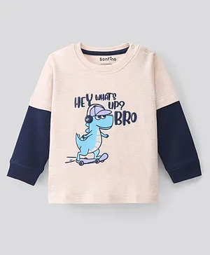 Bonfino Full Sleeves 100% Cotton Knit T-Shirt with Dino Print - Melange