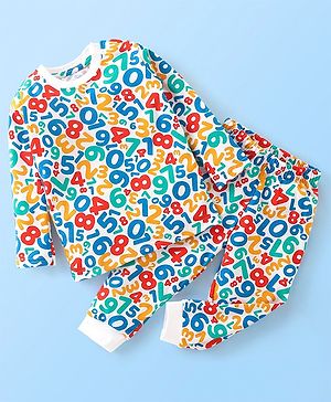 Babyhug Cotton Jersey Full Sleeves Night Suit Numbers Print - White