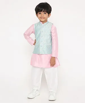Ka Kids Printed Blue Jacket With Pink Kurta And Solid White Pant For Boys