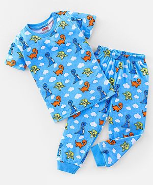 Babyhug Cotton Knit Half Sleeves Night Suit with Dino Print - Blue