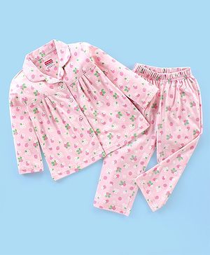 Babyhug Cotton Knit Full Sleeves Night Suit with Strawberry Flowers Print - Pink
