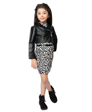 TINY BABY Full Sleeves Leather Jacket With Leopard Printed Dress - Black