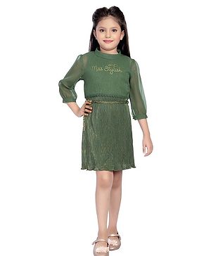 TINY BABY Three Fourth Puffed Sleeves Glitter Embellished Accordion Pleated Lycra & Tissue Party Dress - Green