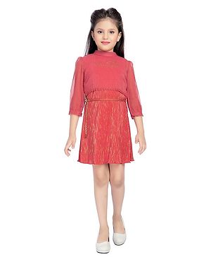 TINY BABY Three Fourth Puffed Sleeves Glitter Embellished Accordion Pleated Lycra & Tissue Party Dress - Orange