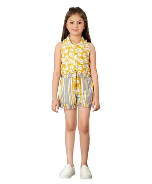 TINY BABY Sleeveless Floral Printed Top & Striped Shorts Set - Yellow