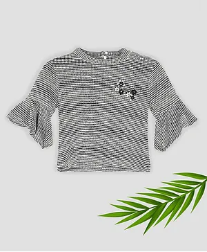 TINY BABY Three Fourth Bell Sleeves Checks Flower Applique Top - Black